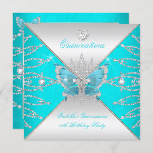 Invitación Quinceanera 15.ª Mariposa Verde azulada de Plata A