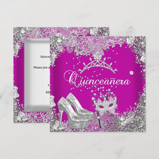 Invitación Quinceanera 15.ª Máscara de plata de ciruela rosa  (Anverso / Reverso)