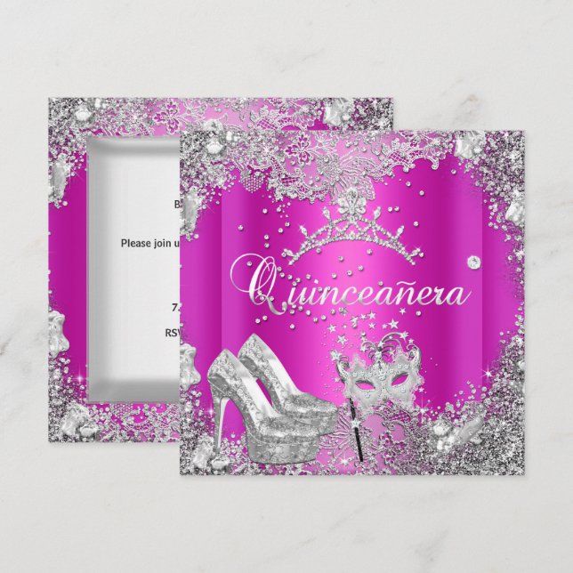 Invitación Quinceanera 15.ª Máscara de plata rosa caliente Ti (Anverso / Reverso)