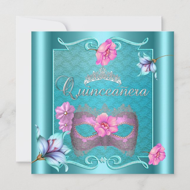 Invitación Quinceanera 15.ª Máscara Floral Verde azulada de p (Anverso)