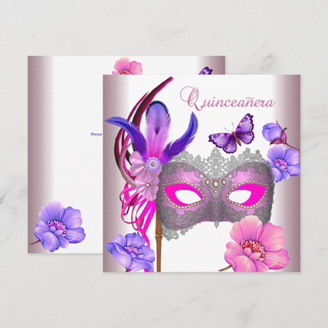 Invitación Quinceanera 15.ª Máscara Púrpura Rosa Blanca (Anverso / Reverso)