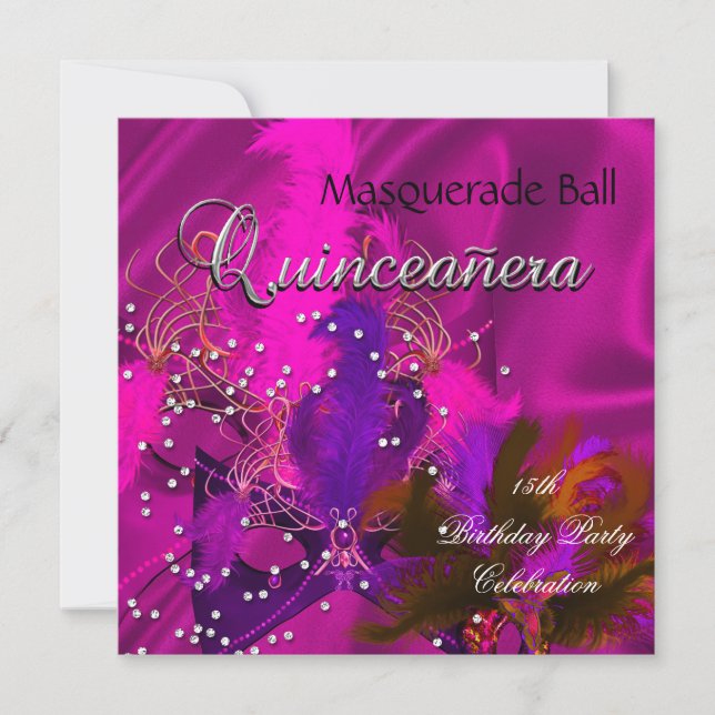Invitación Quinceanera 15.ª Mascarada Máscaras Púrpura De Col (Anverso)
