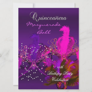 Invitación Quinceanera 15.ª Mascarada Máscaras Púrpura Rosada
