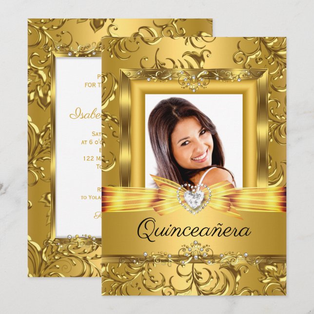 Invitación Quinceanera 15.ª Perla de la foto de Damask Gold (Anverso / Reverso)