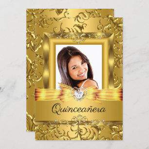 Invitación Quinceanera 15.ª Perla de la foto de Damask Gold