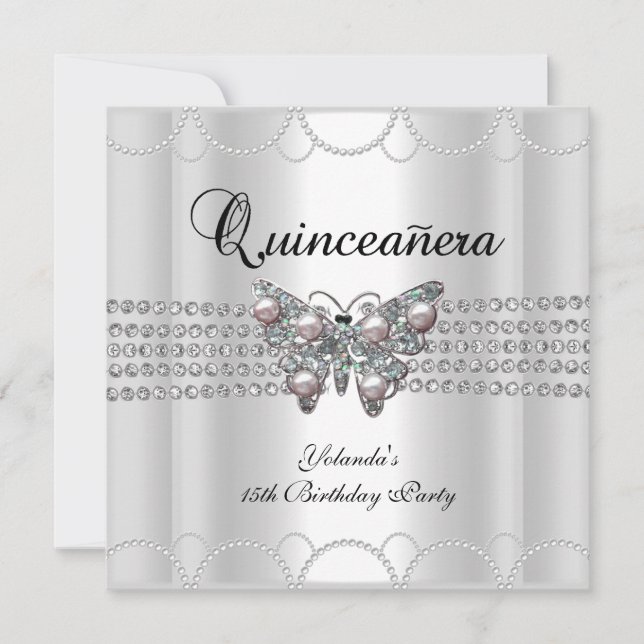 Invitación Quinceanera 15.ª Perla de Mariposa Blanca (Anverso)
