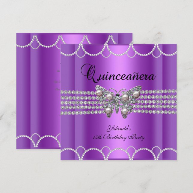 Invitación Quinceanera 15.ª Perla Mariposa Púrpura (Anverso / Reverso)