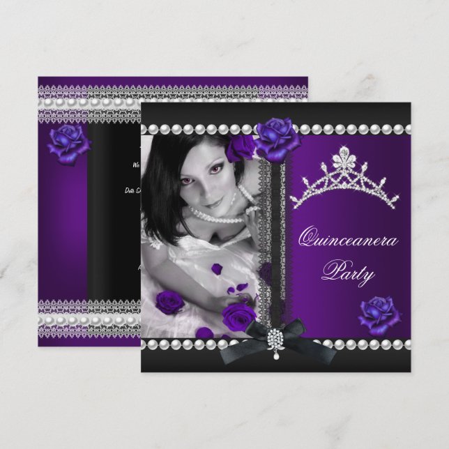 Invitación Quinceanera 15.ª Perla Negra Rosa Púrpura (Anverso / Reverso)