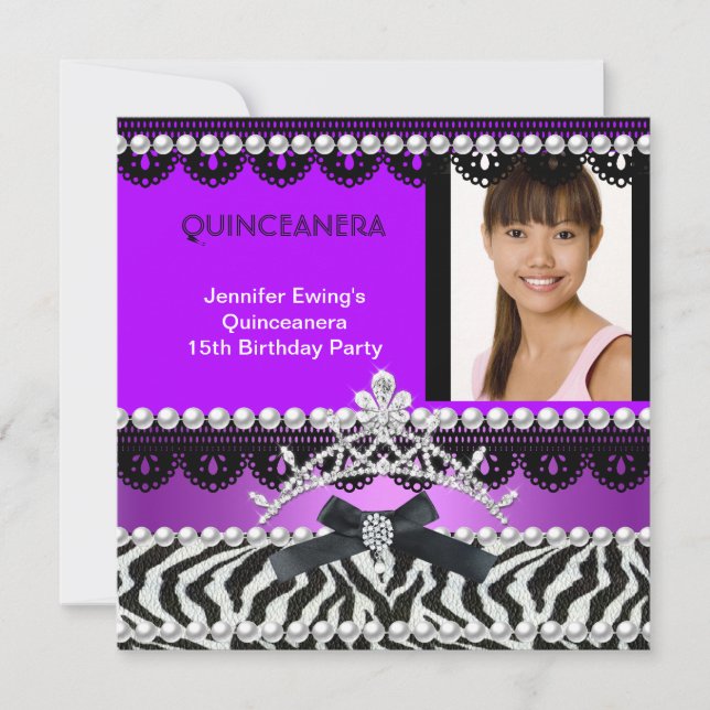 Invitación Quinceanera 15.ª Perla Púrpura de Cebra Negra Tiar (Anverso)