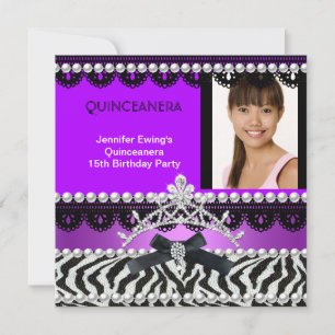 Invitación Quinceanera 15.ª Perla Púrpura de Cebra Negra Tiar
