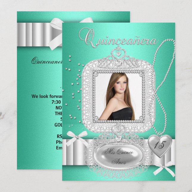 Invitación Quinceanera 15.ª Perla Verde (Anverso / Reverso)