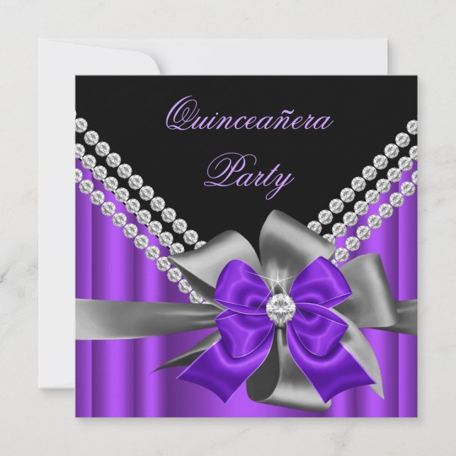 Invitación Quinceanera 15.ª Plata Morada Gris Bow Diamantes (Anverso)