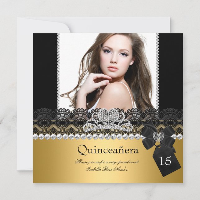 Invitación Quinceanera 15.ª Plata Oro Foto Lazo Negro (Anverso)
