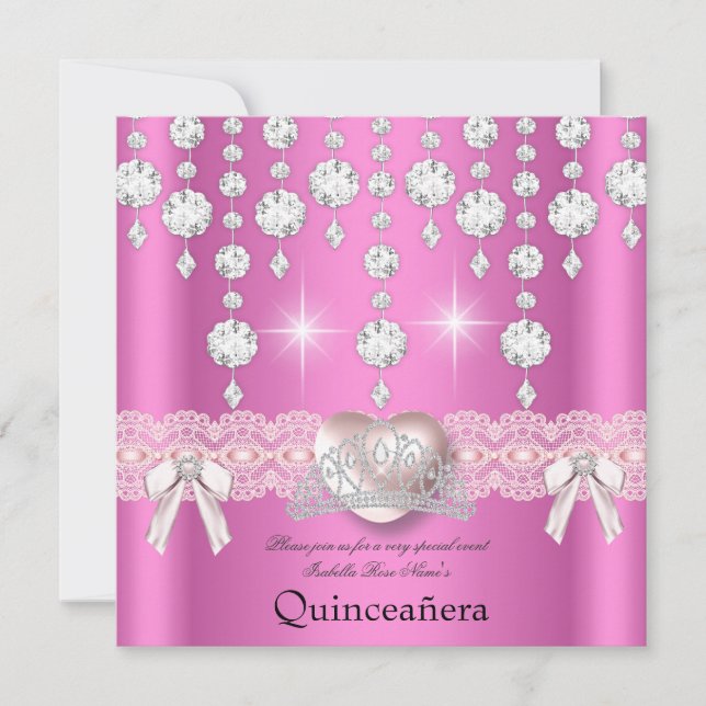 Invitación Quinceanera 15.ª Plata Rosa Diamantes 3 (Anverso)