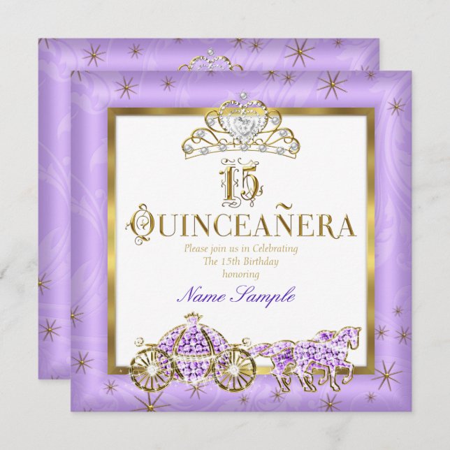 Invitación Quinceanera 15.ª Porta De Caballo De Tíara De Oro  (Anverso / Reverso)