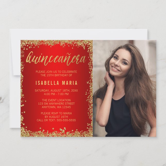 Invitación Quinceanera 15.ª Purpurina de Faux de Oro Rojo (Anverso)