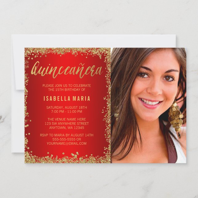 Invitación Quinceanera 15.ª Purpurina de Faux de Oro Rojo (Anverso)