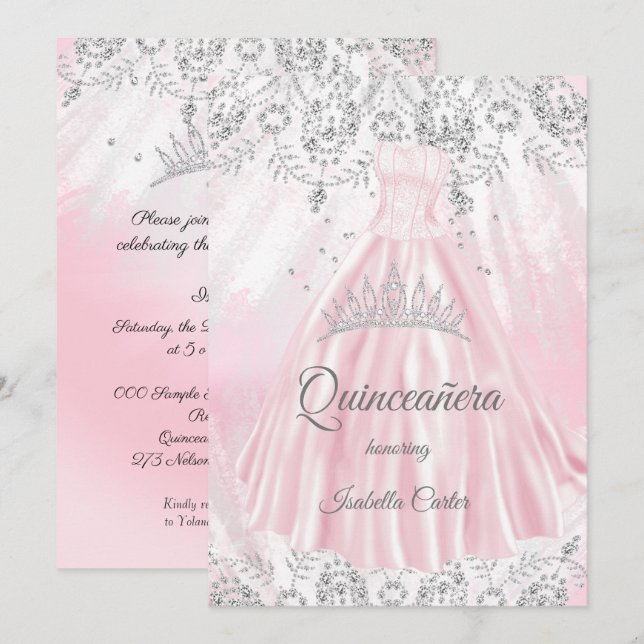 Invitación Quinceanera 15.ª purpurina de Vestidos de Plata Ro (Anverso / Reverso)