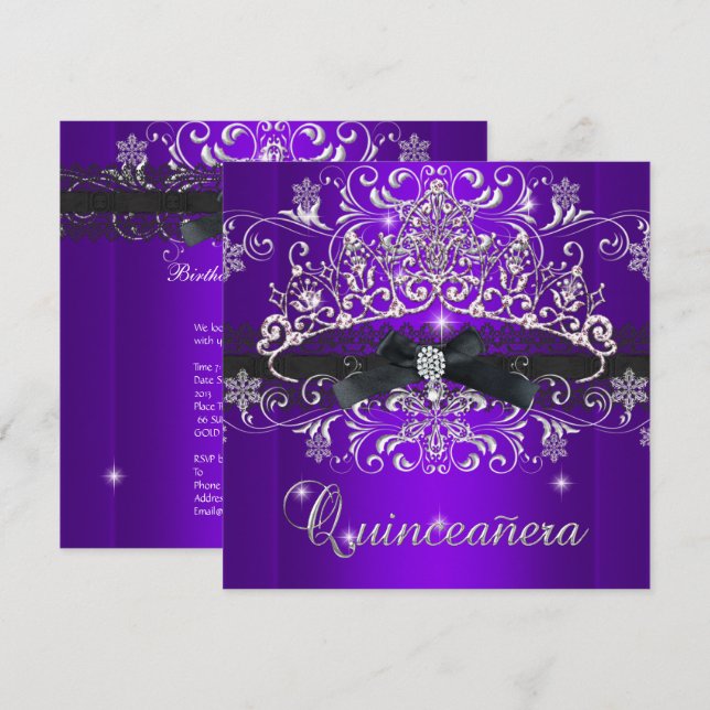Invitación Quinceanera 15.ª Purpurina púrpura Tiara Black Bow (Anverso / Reverso)