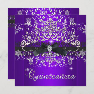 Invitación Quinceanera 15.ª Purpurina púrpura Tiara Black Bow