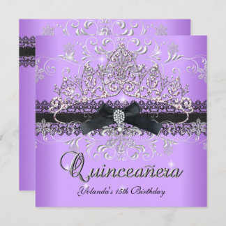 Invitación Quinceanera 15.ª Purpurina púrpura Tiara Black Bow