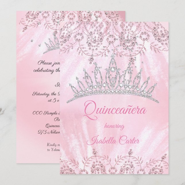 Invitación Quinceanera 15.ª purpurina rosa Bonito Tiara fiest (Anverso / Reverso)