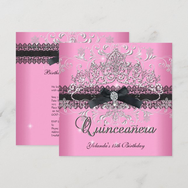 Invitación Quinceanera 15.ª Purpurina rosa Tiara Black Bow (Anverso / Reverso)