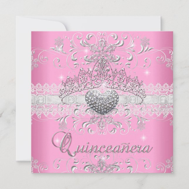 Invitación Quinceanera 15.ª Purpurina rosa Tiara Lace Heart (Anverso)