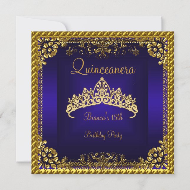 Invitación Quinceanera 15.ª tiara de diamante azul profundo (Anverso)