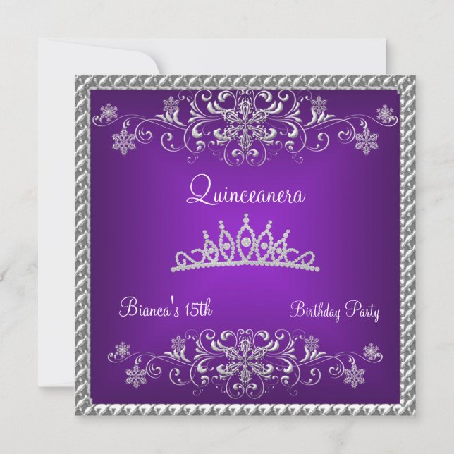 Invitación Quinceanera 15.ª tiara de diamante negro morado (Anverso)