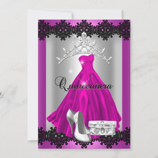 Invitación Quinceanera 15.ª tiara de diamante negro rosado (Anverso)