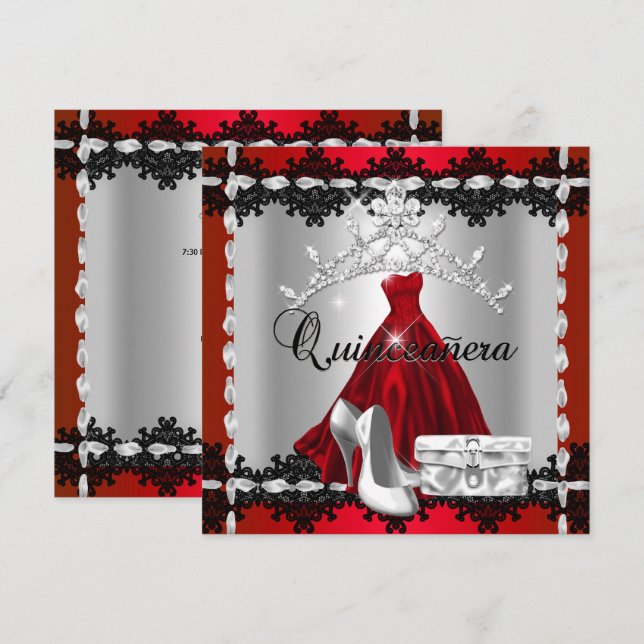 Invitación Quinceanera 15.ª tiara de diamante rojo negro (Anverso / Reverso)