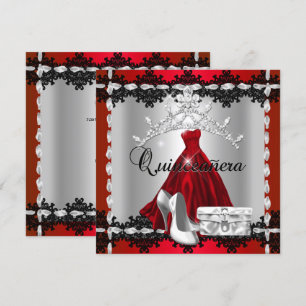 Invitación Quinceanera 15.ª tiara de diamante rojo negro