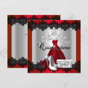 Invitación Quinceanera 15.ª tiara de diamante rojo negro