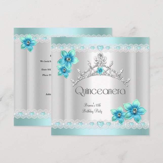 Invitación Quinceanera 15.ª tiara de plata azul Verde azulada (Anverso / Reverso)