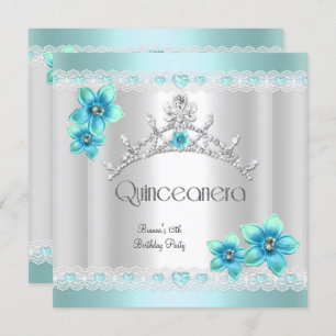 Invitación Quinceanera 15.ª tiara de plata azul Verde azulada