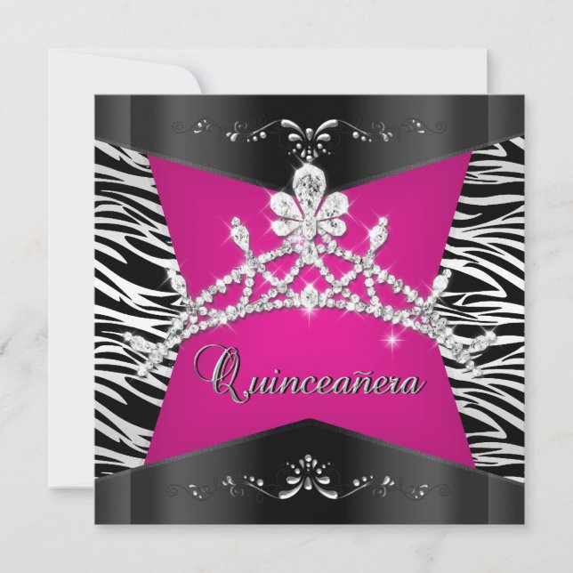 Invitación Quinceanera 15.ª tiara de plata negra de cebra (Anverso)