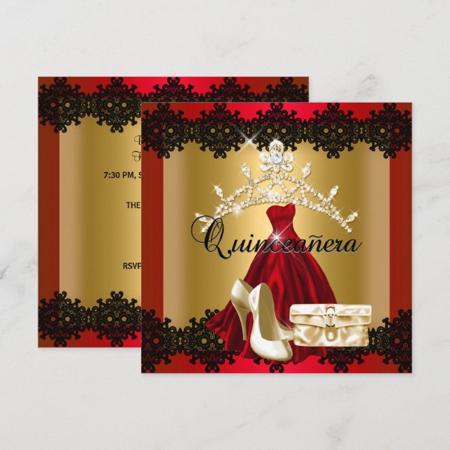 Invitación Quinceanera 15.ª tiara del diamante rojo negro de  (Anverso / Reverso)