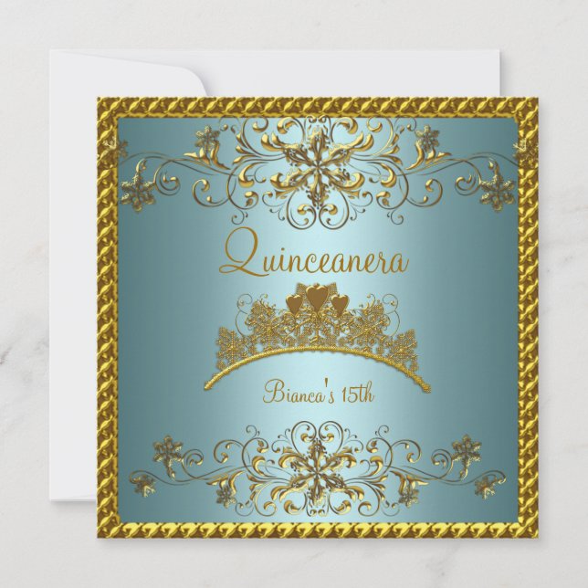 Invitación Quinceanera 15.ª tiara Verde azulada de oro azul (Anverso)
