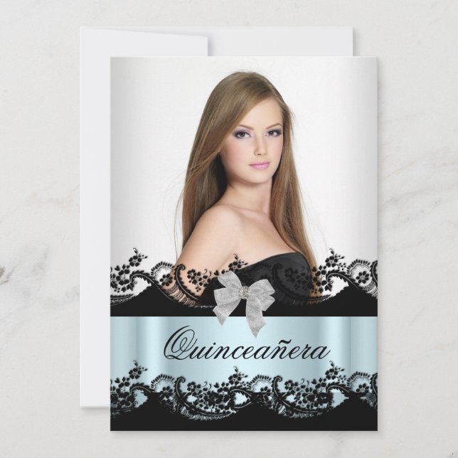 Invitación Quinceanera 15.ª Verde azulada foto de encaje blan (Anverso)