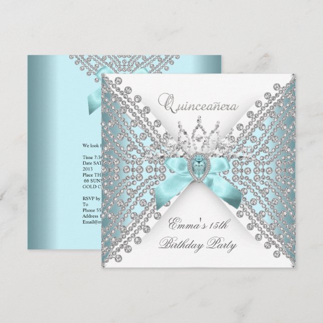 Invitación Quinceanera 15.ª Verde azulada plata azul diamante (Anverso / Reverso)