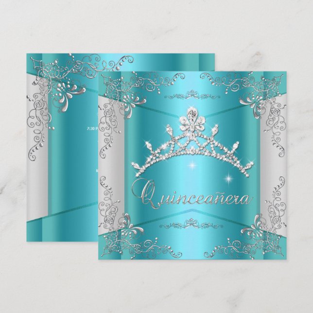 Invitación Quinceanera 15.ª Verde azulada Plata Azul Tiara (Anverso / Reverso)