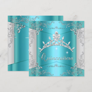 Invitación Quinceanera 15.ª Verde azulada Plata Azul Tiara