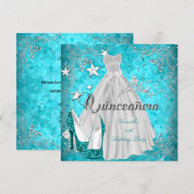 Invitación Quinceanera 15.ª Verde azulada Purpurina Shimmer (Anverso / Reverso)