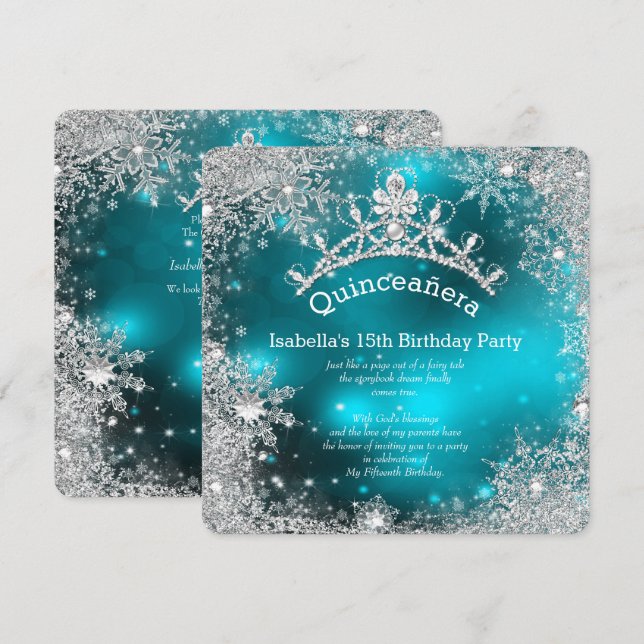 Invitación Quinceanera 15.ª Wonderland Silver Verde azulado (Anverso / Reverso)
