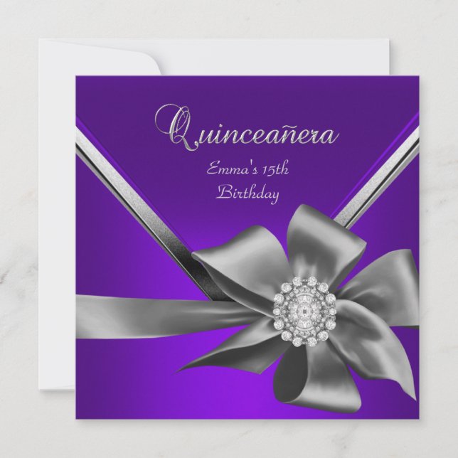 Invitación Quinceanera 15.º Bow Gris Azul Morado (Anverso)
