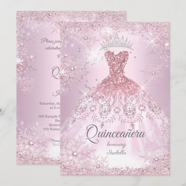 Invitación Quinceanera 15.º copo de invierno rosa con copo de (Anverso / Reverso)
