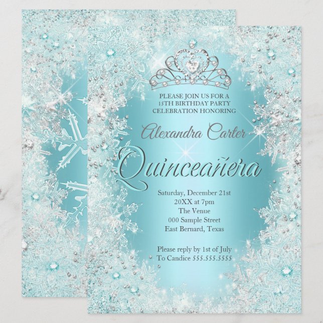 Invitación Quinceanera 15.º copo de nieve azul Verde azulado  (Anverso / Reverso)