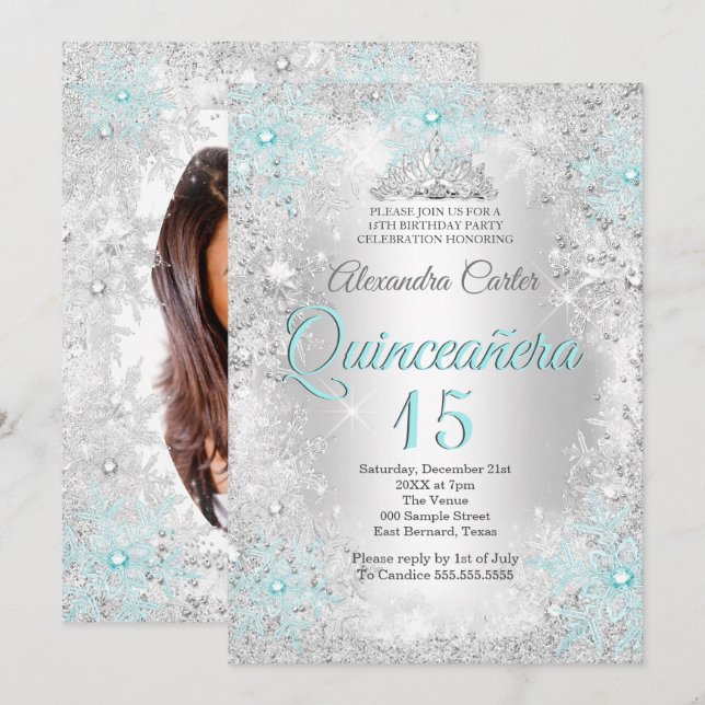 Invitación Quinceanera 15.º copo de nieve azul Verde azulado  (Anverso / Reverso)