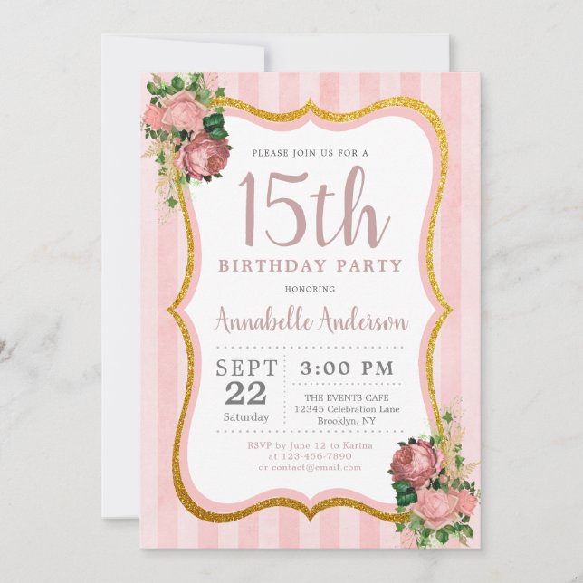 Invitación Quinceanera 15.º cumpleaños Purpurina de oro flora (Anverso)